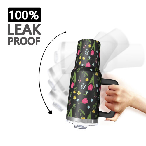 Ποτήρι Pioneer με 40oz, μονωμένο με λαβή και σχέδιο λουλουδιών, καπάκι και καλαμάκια 2