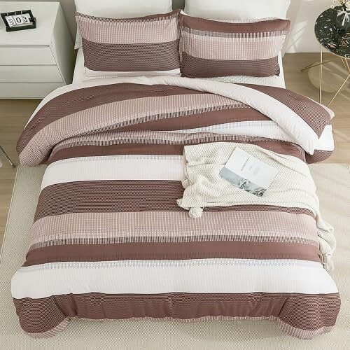 Brown comforter set full size 3-piece stripe bedding 2