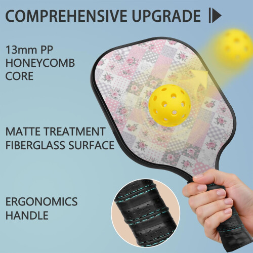 Σετ Κουπιών Pickleball από Φύλλα Fiberglass με Λουλούδια, 2 Κουπιά + 2 1