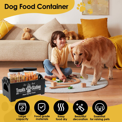Recipiente de madeira para petiscos de animais de estimação com 2 potes, design rústico. 1