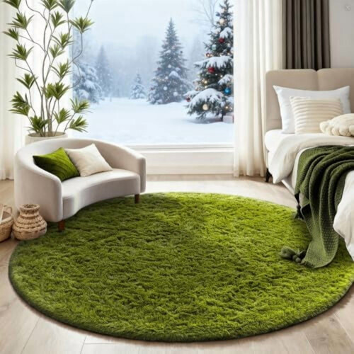 Green shaggy area rug round 5 ft 2