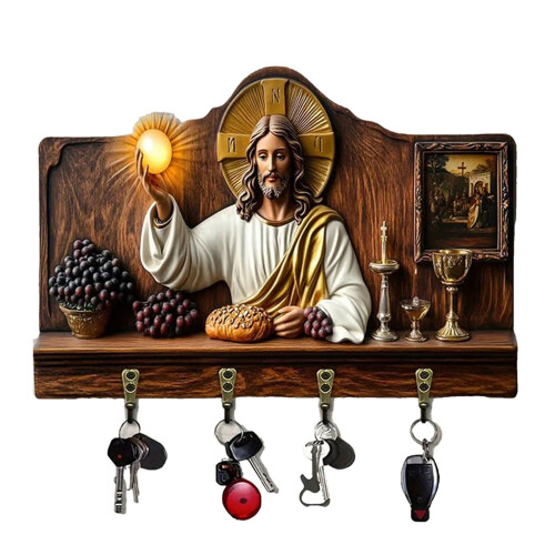 Porta-chaves de madeira com tema sacro e 4 ganchos. 1