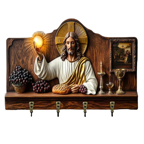 Porta-chaves de madeira com tema sacro e 4 ganchos. 2