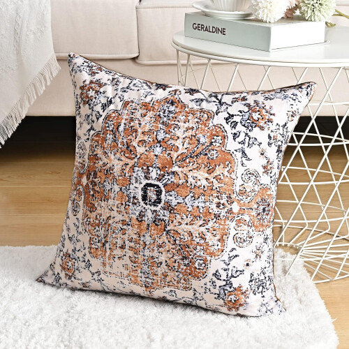 Σετ 2 τετράγωνων μαξιλαροθηκών boho 20x20", καφέ & μπλε βελούδο, έθνικ σχέδιο, 1