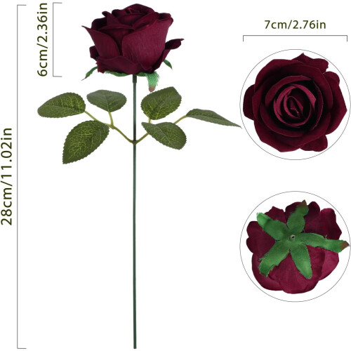25 rosas artificiais de veludo com caules e folhas 1