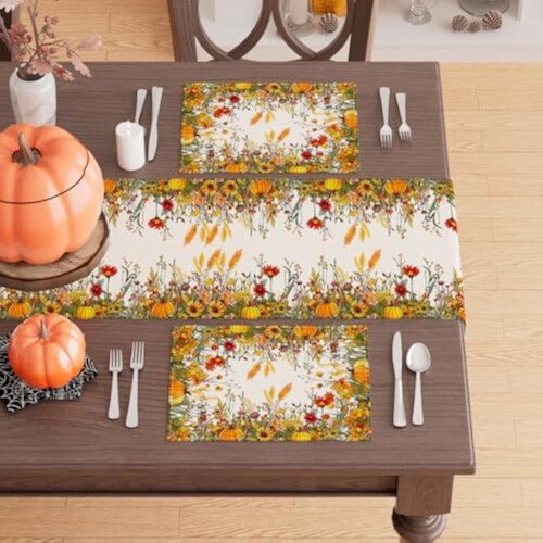 Jogo de 4 jogos americanos com estampa de abóboras e flores silvestres de outono, 30x45 cm (12x18 polegadas) 2