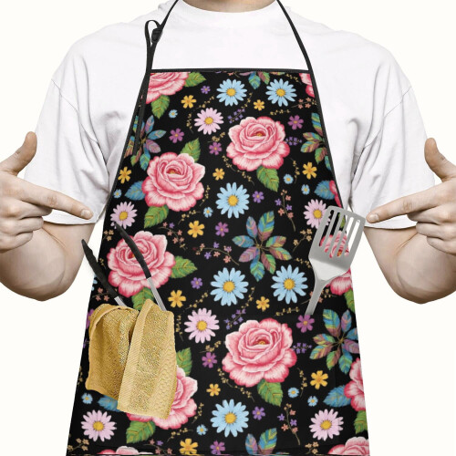 Avental de algodão e linho com estampa floral e bolsos, 84 x 69 cm (33 x 27 polegadas) 1