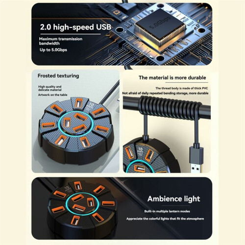 USB 2.0 Hub Multi Splitter Adapter 5Gbps High Speed USB Splitter Power Adapter Multiple Expander for PC Laptop, 10