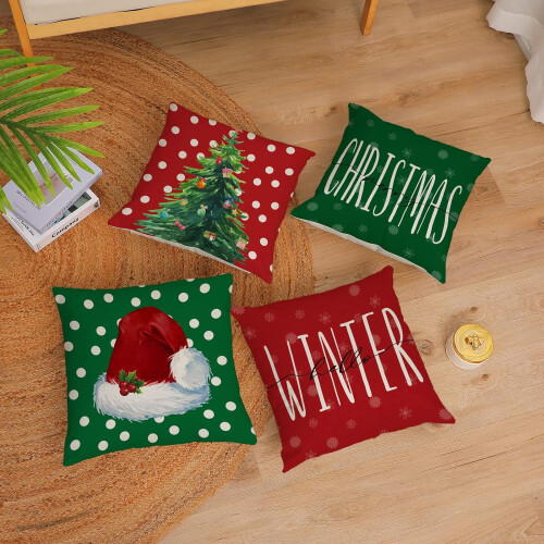 Conjunto de 4 capas de almofada natalinas 30x30cm, em algodão e linho 1