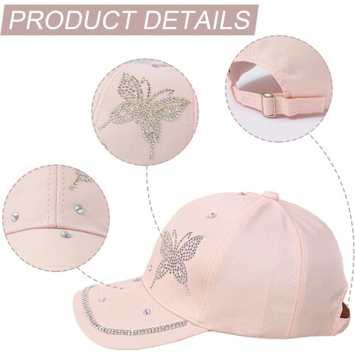Boné de beisebol feminino com borboleta e strass, ajustável. 1