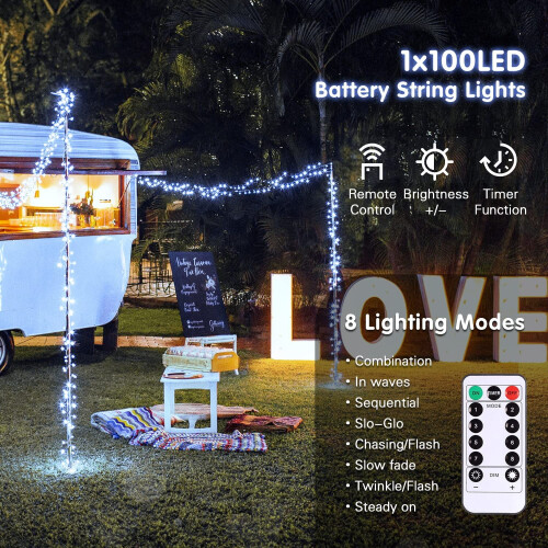 Αδιάβροχα φωτιστικά LED με μπαταρία 33ft80LED, 8 λειτουργίες + τηλεχειριστήριο, για 1