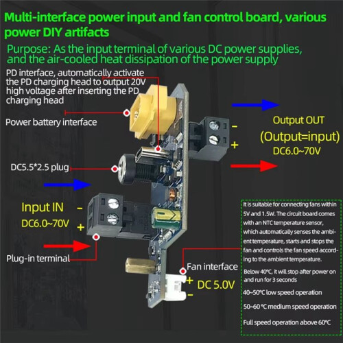 Multi Interface Power Input and Fan Control Board Various Power Supply DIY Module Three Gear Adjustment 6-70vdc 2