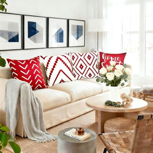 Conjunto de 4 capas de almofada decorativas em linho vermelho vinho, 50x50cm (20x20 polegadas). 2