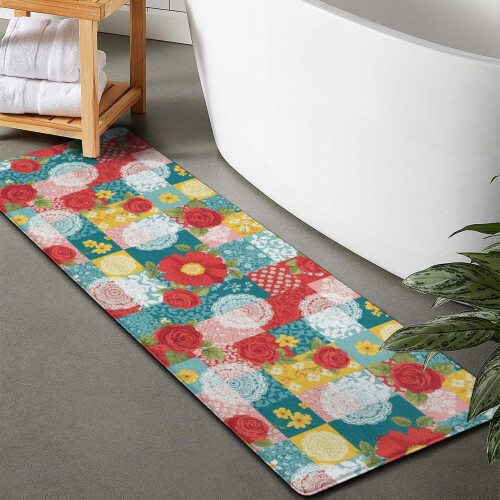 Χαλί μπάνιου Pioneer Flower Floral, αντιολισθητικό χαλάκι μικροϊνών με λαστιχένια 1
