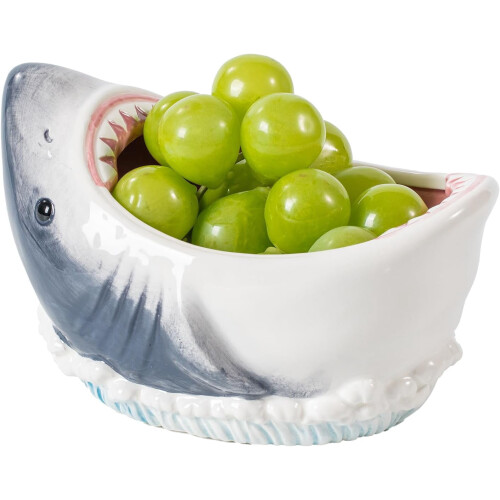3D Shark Attack Ceramic Bowl, 40 oz Large Decorative Storage Container for Candy and Popcorn, Multi-Purpose Bowl, Blue Grey 2