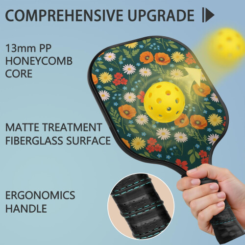 Σετ κουπιών Pickleball από fiberglass με λουλούδια και 2 μπάλες και τσάντα – Συμβατό με 2