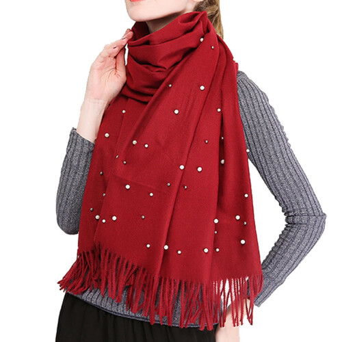 Xale feminino de cor sólida com decoração em pérolas e franjas. 1