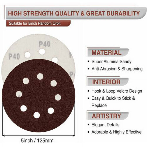 8-Hole Hook & Loop, Assorted Grits 40-400, for Random Orbit Sander, 125mm Dia 5 Inch 100PCS Sanding Discs Set 2