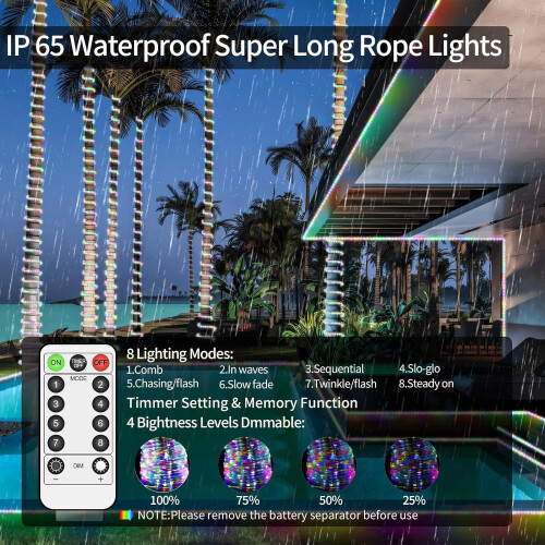 Συσκευασία 2 φώτων LED με σχοινί μπαταρίας 78FT200LED, με ρύθμιση φωτεινότητας, 8 1