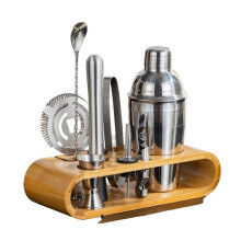 10-Piece 550ml Stainless Steel Bar Tools Set with Bamboo Stand Holder, for Holiday Party Cocktail Bars and Home Mixing