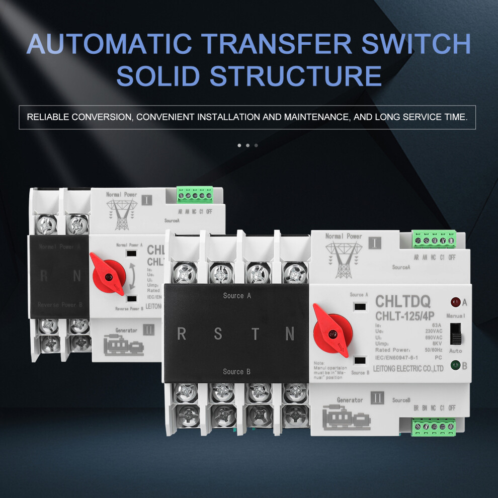 Compact 2P/4P Automatic Transfer Switch 63A-125A Black & White 9361389590256