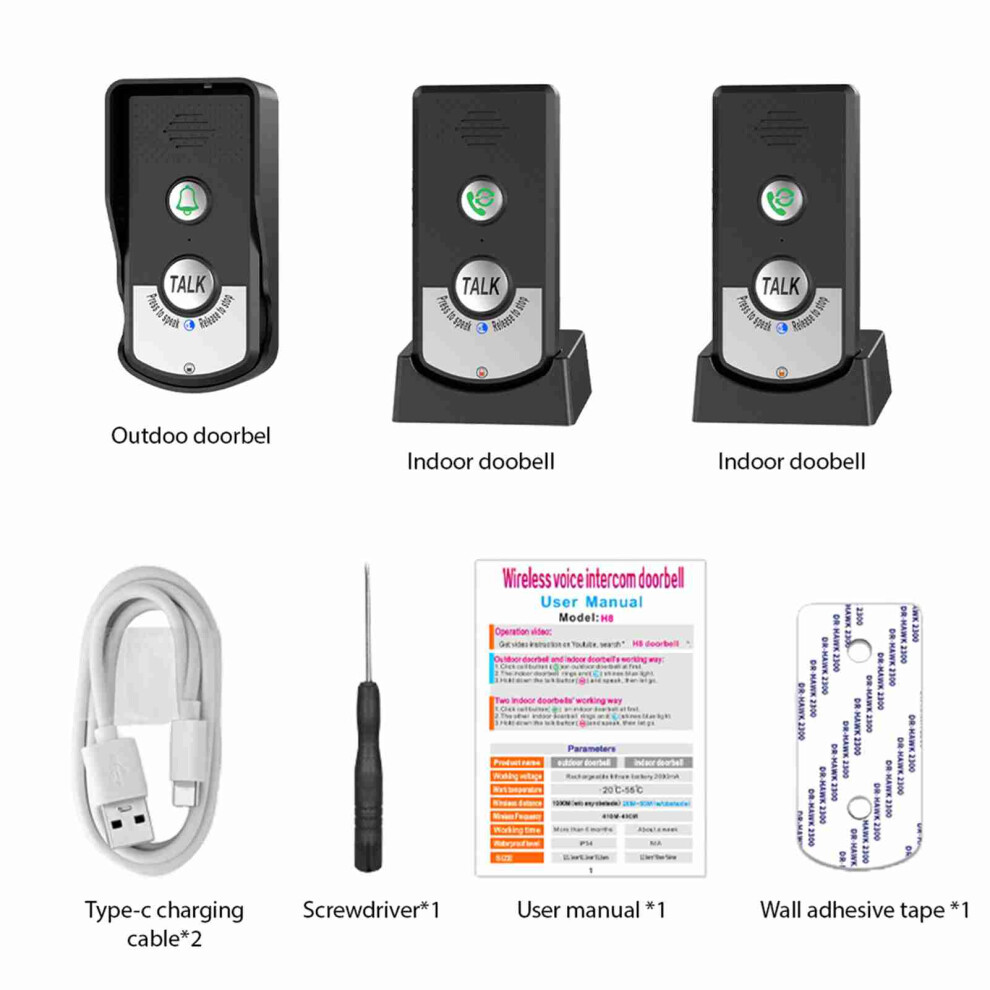 Rechargeable Wireless Doorbell Intercom 1000M/3280Ft, 3 Volume Levels, 3.7V 1800Mah, Black 4671384751961