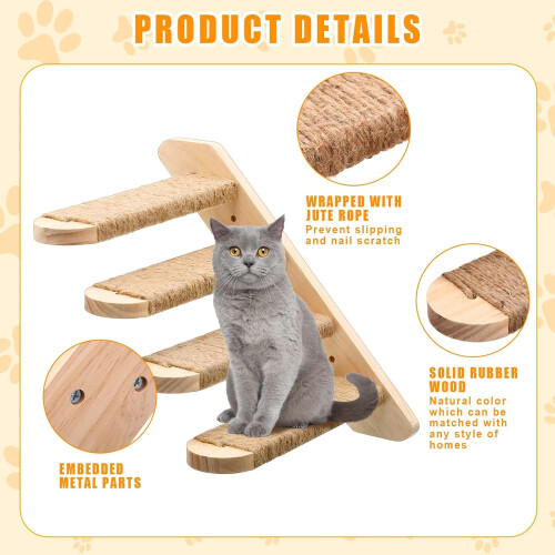 Wood Cat Stairs Wall Mount 4-Step with Jute Scratching 2