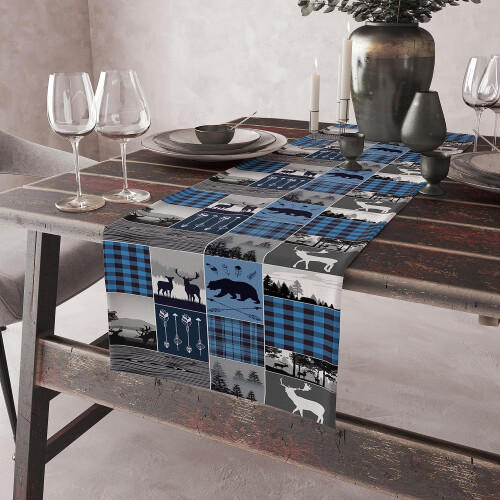 Caminho de mesa xadrez com estampa de alce estilo fazenda, 33 x 229 cm (13 x 90 polegadas) 2