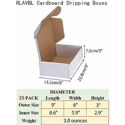 Caixas de envio de papelão ondulado branco, 23 x 15 x 8 cm (9 x 6 x 3 polegadas), conjunto de 25 unidades 1