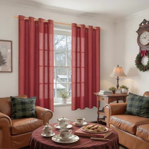 Red Linen Curtains 52x68 in, Light Filtering, 2-Pack 1