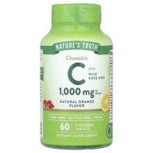Nature's Truth, Žvýkací vitamin C Plus Wild Rose Hips, Natural Orange, 1 000 mg, 60 Žvýkacích tabletiek (500 mg na tabletu)