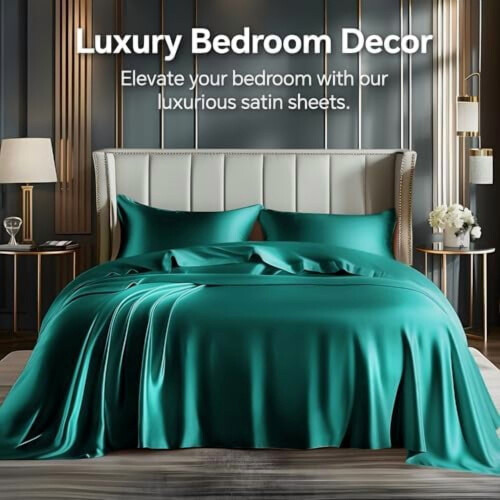 Σετ 3 τεμαχίων από σατέν σεντόνια, Teal Luxe Soft για μαλλιά/δέρμα, σεντόνι με βαθύ 1