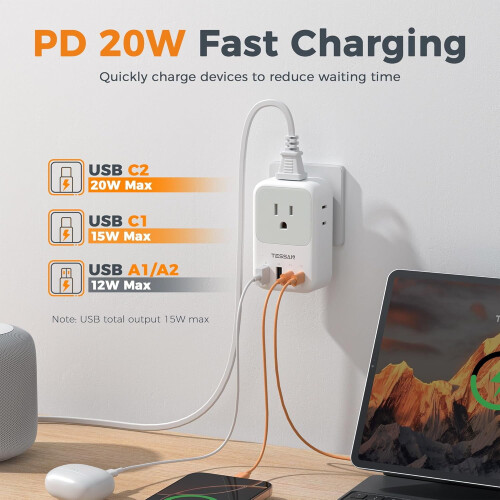 USB-wandladerblok 20W PD met 4 stopcontacten 1