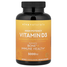 Viva Naturals, Witamina D3 z Organicznym Olejem Kokosowym, Wysoka Potencja, 5 000 IU, 360 Miękkich Tabletek