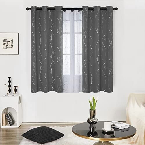 Light Grey Blackout Curtains 42x54 in, Silver Wave Dots, 1