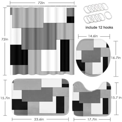 Ensemble rideau de douche géométrique gris noir blanc 4 pièces 1