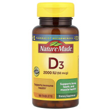 Nature Made, Vitamin D3, 50 mcg, 100 Tabletter