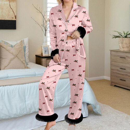 Dame flannel pyjamassæt med sløjfeprint, 2 dele 1