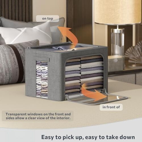 3-Pack Foldable Storage Bins, Linen Fabric, Stackable with Clear Window & Handles, 36L Medium, Dark Gray 1