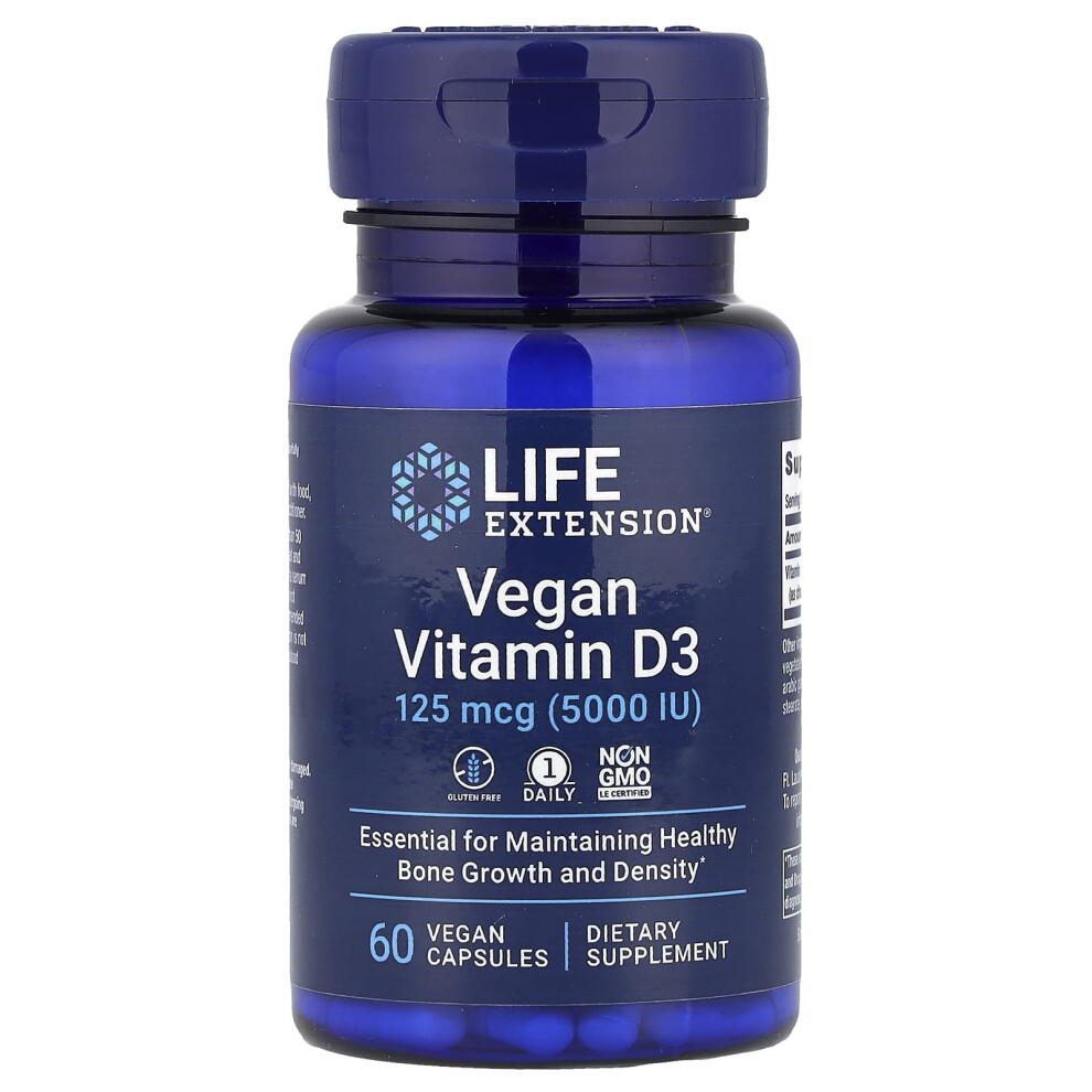 Life Extension , Vegan Vitamin D3, 125 Mcg (5000 Iu), 60 Vegan Capsules