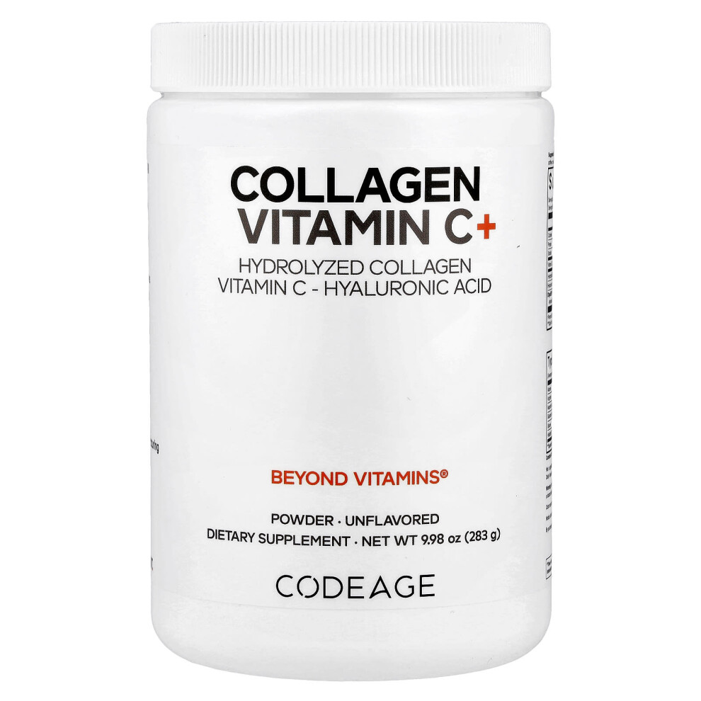 Codeage , Collagen Vitamin C + Powder, Hydrolyzed Collagen, Vitamin C, Hyaluronic Acid, Unflavored, 9.98 Oz (283 G)