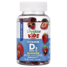 Lifeable, Vitamin D3 dla Dzieci, Sugar Free, Truskawkowe, 25 mcg (1,000 IU), 60 Gummies