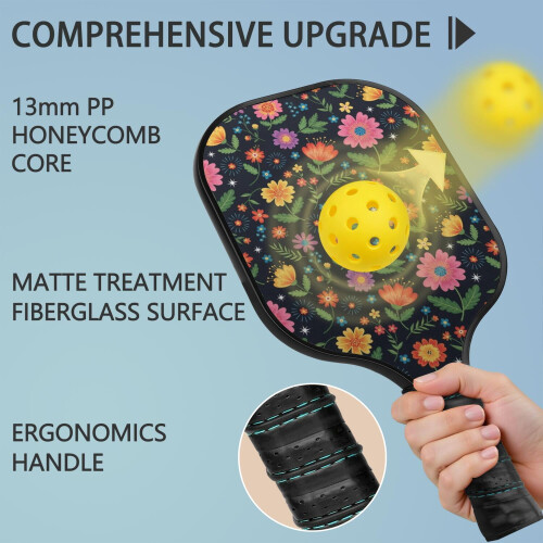 Pickleball-padlesett i blomsterfiber, 2 padler + 2 1