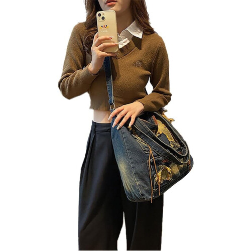 Τσάντες Tote Denim για γυναίκες, ανδρικές τσάντες ώμου crossbody, casual, ρετρό, μεγάλης 1