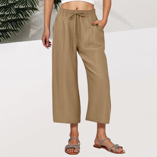 Γυναικείο Casual Παντελόνι Capri με Ελαστική Μέση, Ίσιο Στόμα, Μονόχρωμο, με Τσέπες, 1