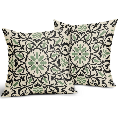 Conjunto de 2 capas de almofada em linho preto e verde sálvia, 50x50cm (20x20 polegadas). 1