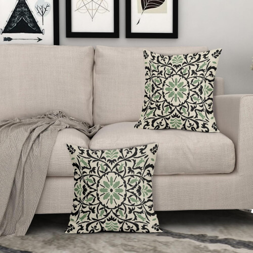 Conjunto de 2 capas de almofada em linho preto e verde sálvia, 50x50cm (20x20 polegadas). 2