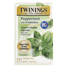 Twinings, Probiotik Plus, Bylinná Čaj, Peppermint & Fennel, Bez Kofeínu, 18 Čajových Várek, 1,27 oz (36 g)
