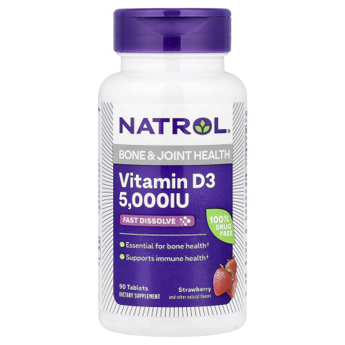 Natrol Natrol, Vitamin D3, Bone & Joint Υγεία, Strawberry Φυσική Γεύση, 5,000 IU, 90 Tablets