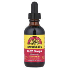 Nature's Life, Kropelki z B-12, Bez Cukru, Smak dzikiej Borówki, 5 000 mcg, 2 fl oz (60 ml)
